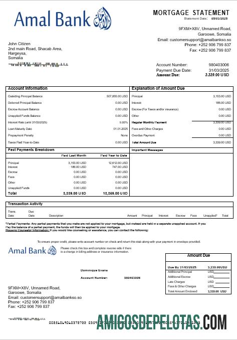 Extrato de hipoteca do Somália Amal Bank em formatos Word e PDF exemplo